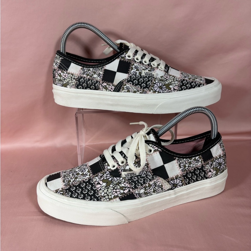 Vans Floral Check Authentic Sneakers - Black & White with Pink Accents